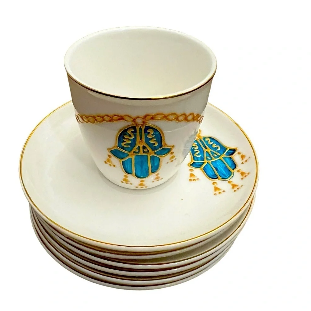 Shallow Ice - Hamsa design hand painted fine bone china tea/coffee cups set of 6